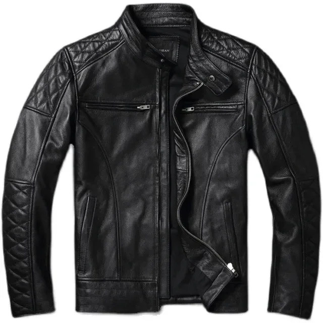 Men’s Vintage Motorcycle Jacket Stand Collar Natural Top Layer Cowhide Leather Biker Moto Suit - Image 8
