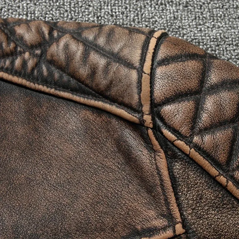 Men’s Vintage Motorcycle Jacket Stand Collar Natural Top Layer Cowhide Leather Biker Moto Suit - Image 5