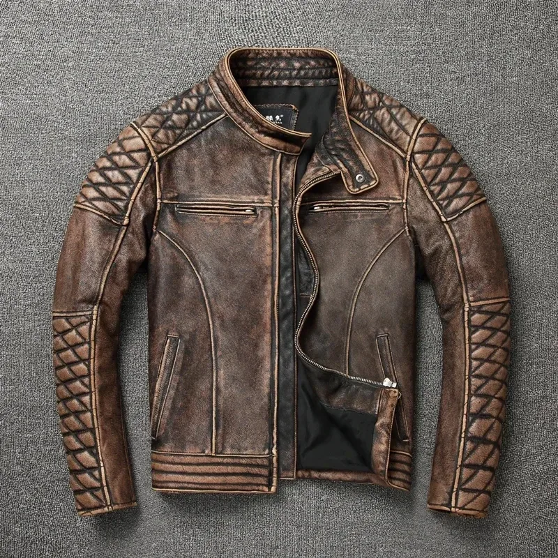 Men’s Vintage Motorcycle Jacket Stand Collar Natural Top Layer Cowhide Leather Biker Moto Suit