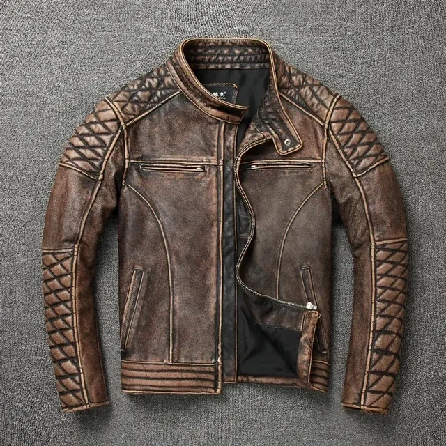 Men’s Vintage Motorcycle Jacket Stand Collar Natural Top Layer Cowhide Leather Biker Moto Suit - Image 7