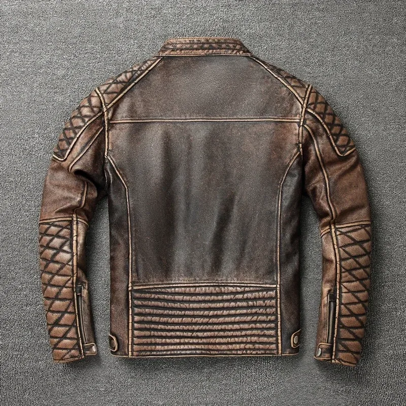 Men’s Vintage Motorcycle Jacket Stand Collar Natural Top Layer Cowhide Leather Biker Moto Suit - Image 2