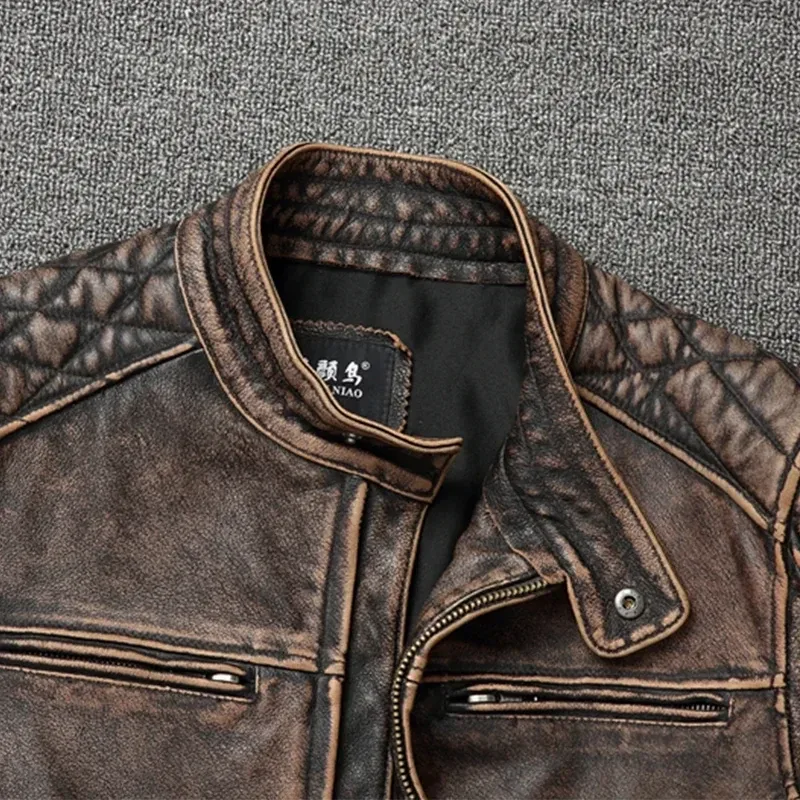 Men’s Vintage Motorcycle Jacket Stand Collar Natural Top Layer Cowhide Leather Biker Moto Suit - Image 4