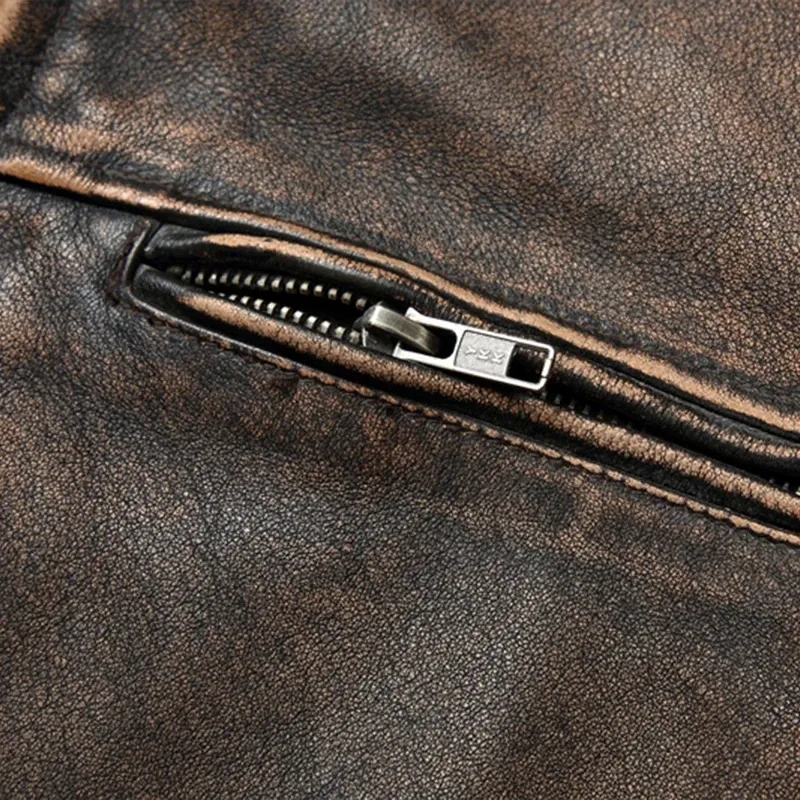 Men’s Vintage Motorcycle Jacket Stand Collar Natural Top Layer Cowhide Leather Biker Moto Suit - Image 6