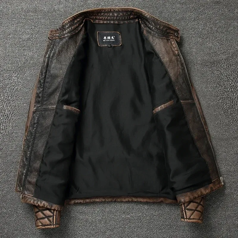 Men’s Vintage Motorcycle Jacket Stand Collar Natural Top Layer Cowhide Leather Biker Moto Suit - Image 3