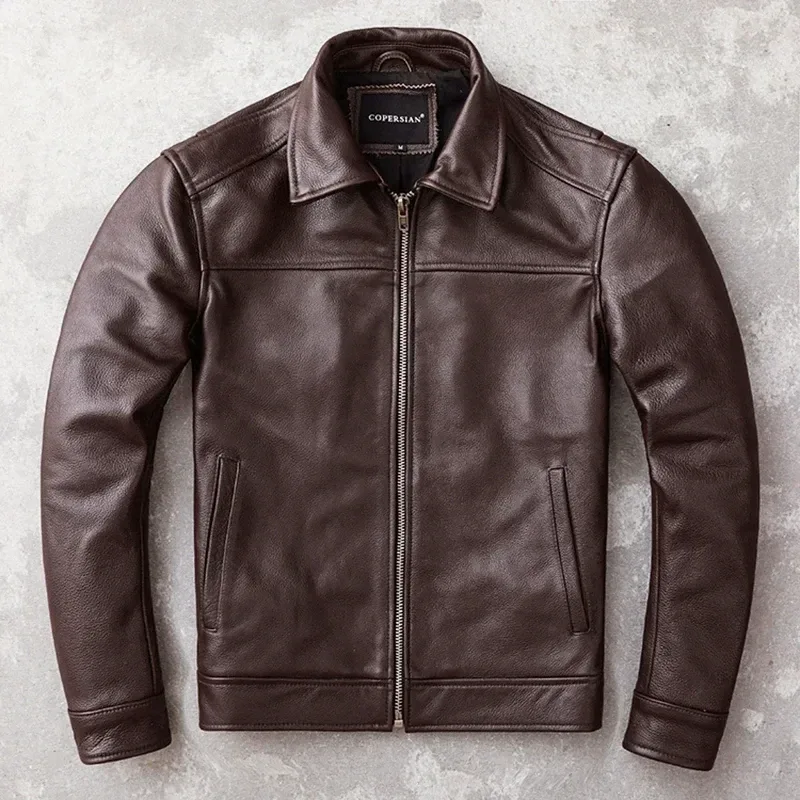 Men’s Genuine Cowhide Leather Jacket Classic Autumn Coat Casual Outerwear