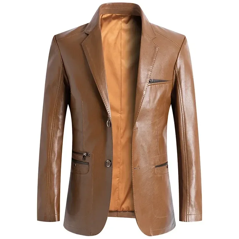 Men’s Business Casual PU Leather Blazer Jacket Slim Fit Suede Style Solid Color Outerwear Plus Size - Image 6