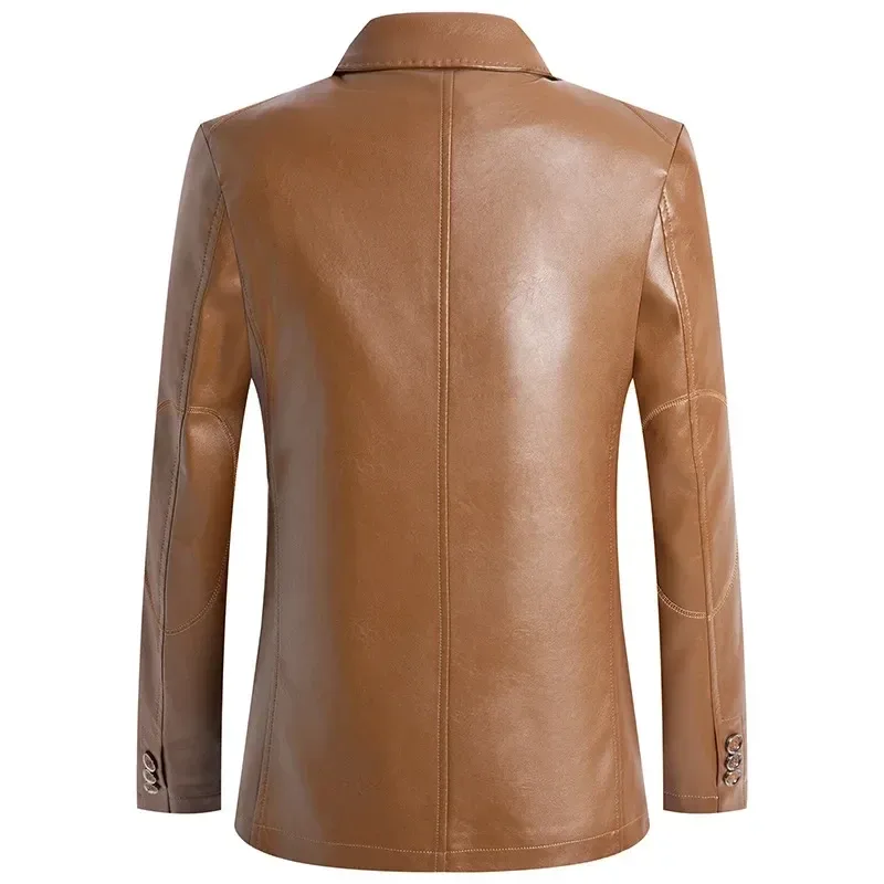 Men’s Business Casual PU Leather Blazer Jacket Slim Fit Suede Style Solid Color Outerwear Plus Size