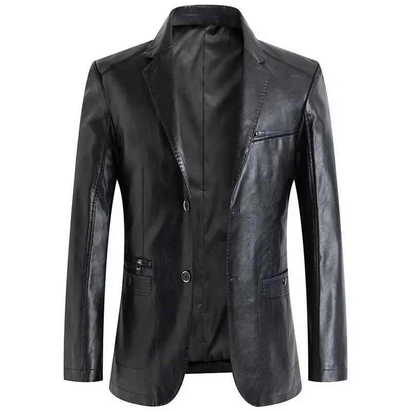 Men’s Business Casual PU Leather Blazer Jacket Slim Fit Suede Style Solid Color Outerwear Plus Size - Image 5