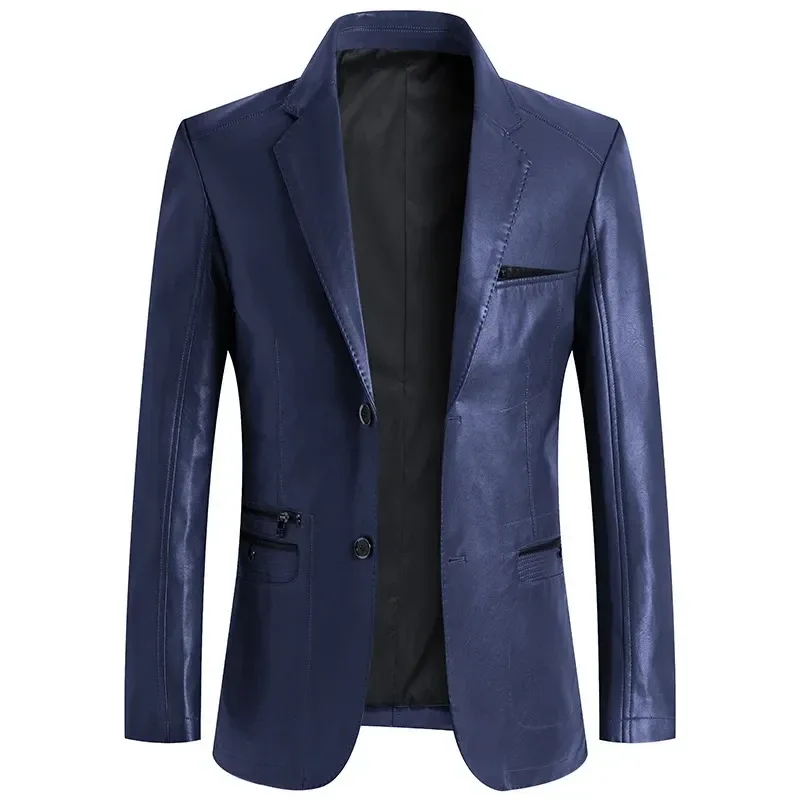 Men’s Business Casual PU Leather Blazer Jacket Slim Fit Suede Style Solid Color Outerwear Plus Size - Image 3