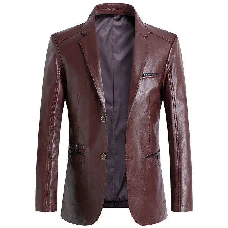 Men’s Business Casual PU Leather Blazer Jacket Slim Fit Suede Style Solid Color Outerwear Plus Size - Image 4