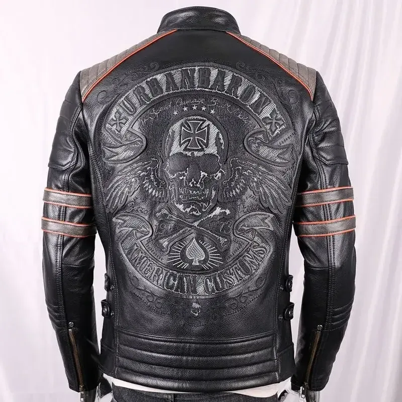 Men’s Genuine Cowhide Leather Motorcycle Jacket Short Stand Collar with Skull Embroidery Harley Style Biker Coat - Image 2