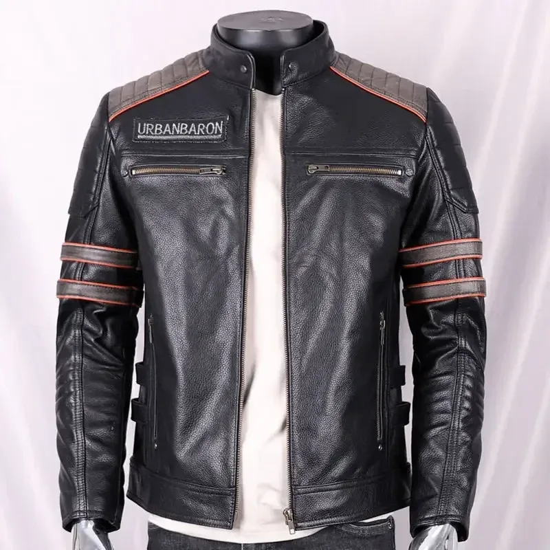 Men’s Genuine Cowhide Leather Motorcycle Jacket Short Stand Collar with Skull Embroidery Harley Style Biker Coat - Image 6