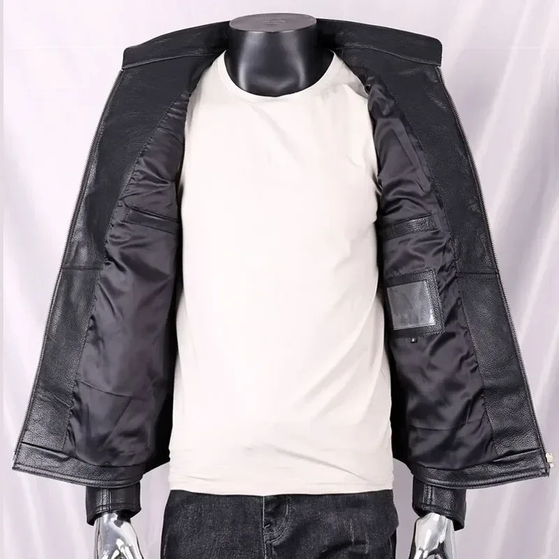 Men’s Genuine Cowhide Leather Motorcycle Jacket Short Stand Collar with Skull Embroidery Harley Style Biker Coat - Image 5