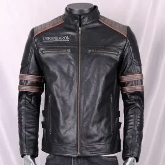 Men’s Genuine Cowhide Leather Motorcycle Jacket Short Stand Collar with Skull Embroidery Harley Style Biker Coat