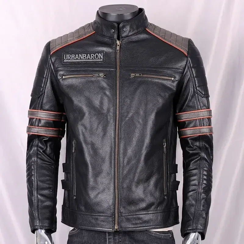 Men’s Genuine Cowhide Leather Motorcycle Jacket Short Stand Collar with Skull Embroidery Harley Style Biker Coat