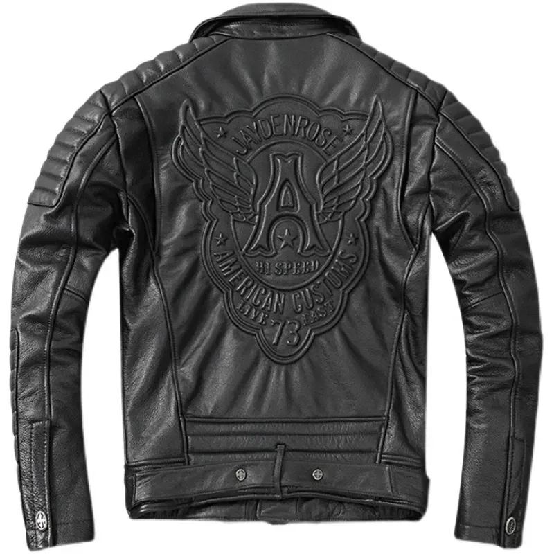 Men’s Genuine Cowhide Leather Motorcycle Jacket Turn-Down Collar Slim Fit Biker Riding Coat - Image 5