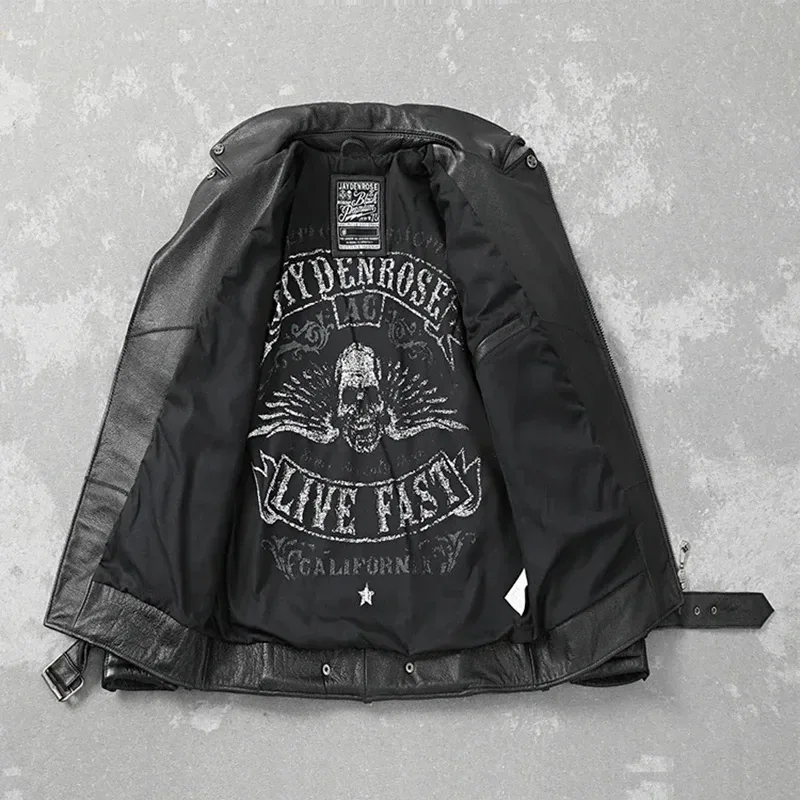 Men’s Genuine Cowhide Leather Motorcycle Jacket Turn-Down Collar Slim Fit Biker Riding Coat - Image 3