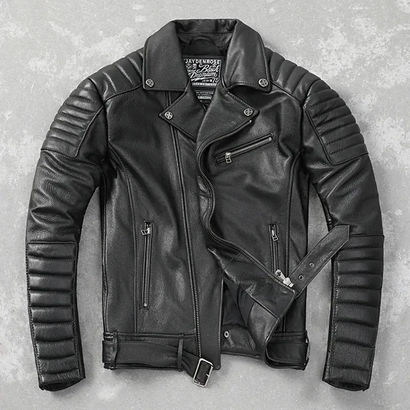 Men’s Genuine Cowhide Leather Motorcycle Jacket Turn-Down Collar Slim Fit Biker Riding Coat - Image 4