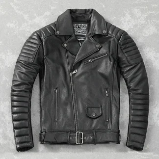 Men’s Genuine Cowhide Leather Motorcycle Jacket Turn-Down Collar Slim Fit Biker Riding Coat