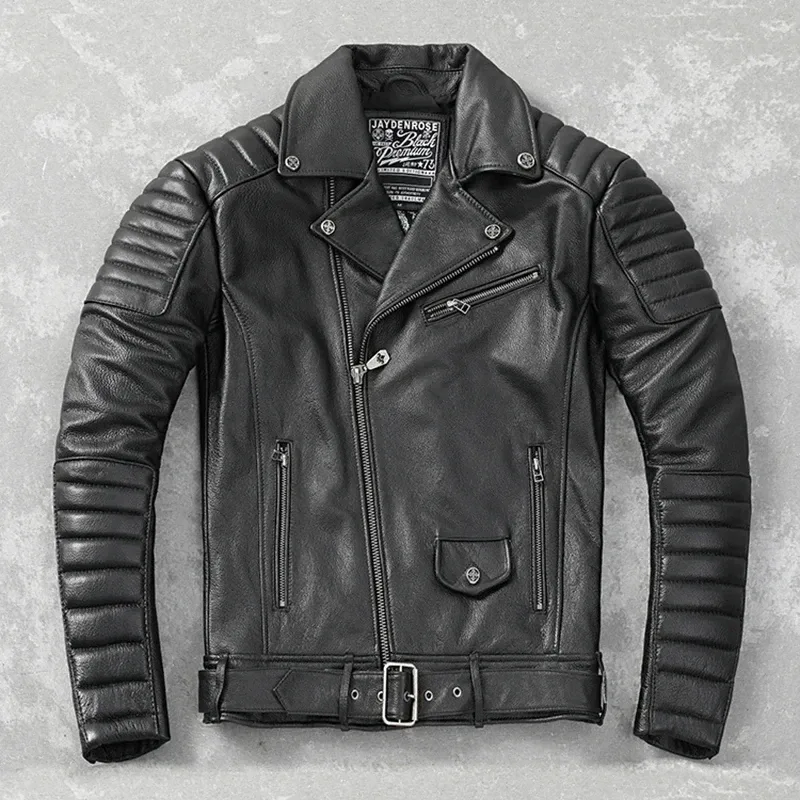 Men’s Genuine Cowhide Leather Motorcycle Jacket Turn-Down Collar Slim Fit Biker Riding Coat