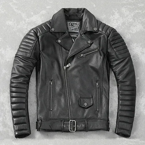 Men’s Genuine Cowhide Leather Motorcycle Jacket Turn-Down Collar Slim Fit Biker Riding Coat - Image 6