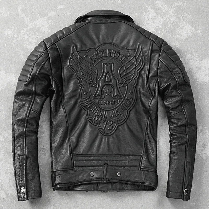 Men’s Genuine Cowhide Leather Motorcycle Jacket Turn-Down Collar Slim Fit Biker Riding Coat - Image 2
