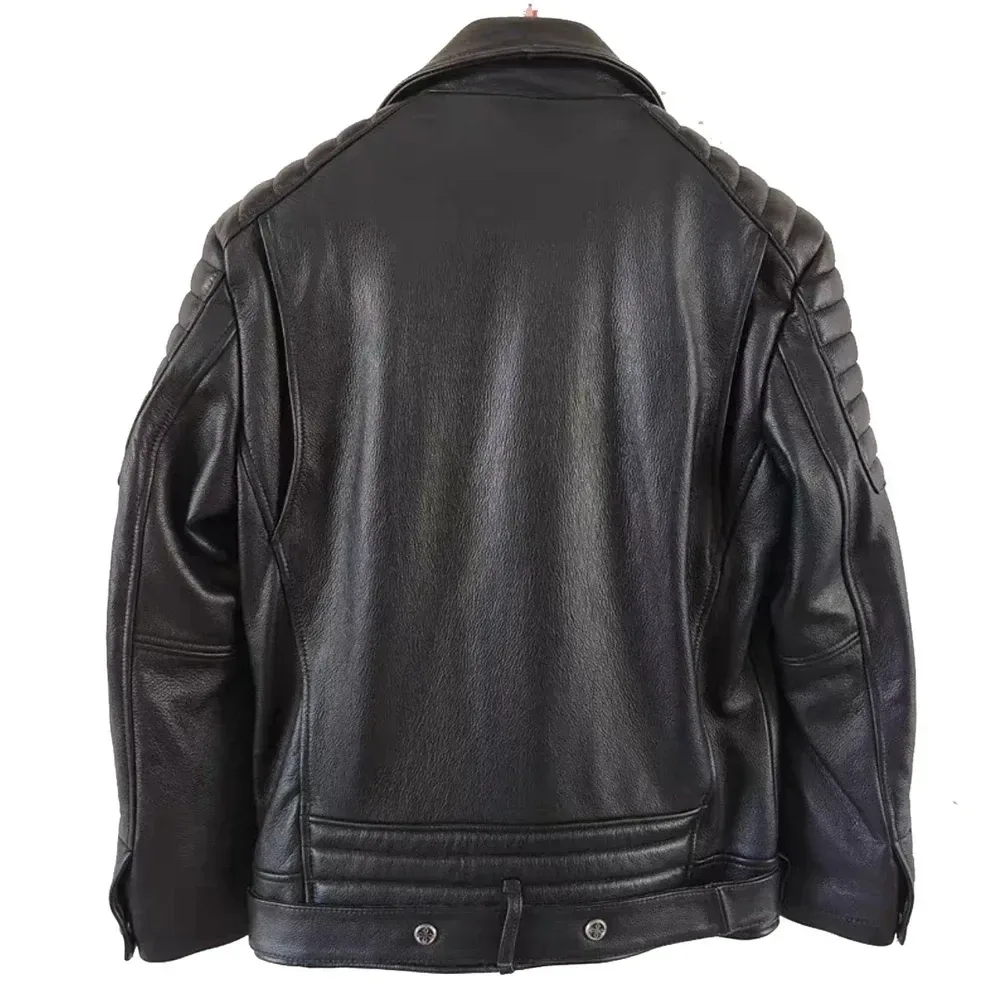 Men’s Genuine Cowhide Leather Motorcycle Jacket Turn-Down Collar Slim Fit Biker Riding Coat - Image 7