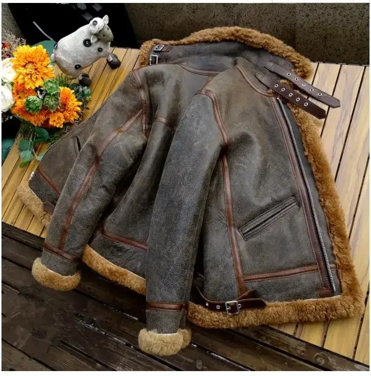 Men’s Thick Winter Warm Shearling Jacket Air Force B3 Style Genuine Leather & 100% Fur Wool Coat - Image 3