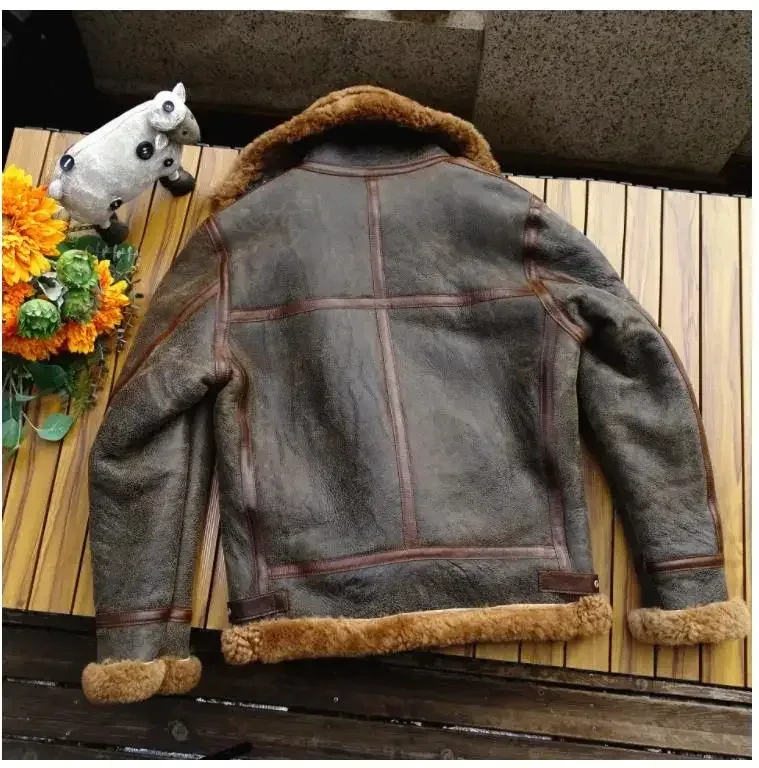Men’s Thick Winter Warm Shearling Jacket Air Force B3 Style Genuine Leather & 100% Fur Wool Coat - Image 2