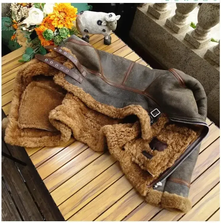 Men’s Thick Winter Warm Shearling Jacket Air Force B3 Style Genuine Leather & 100% Fur Wool Coat - Image 5