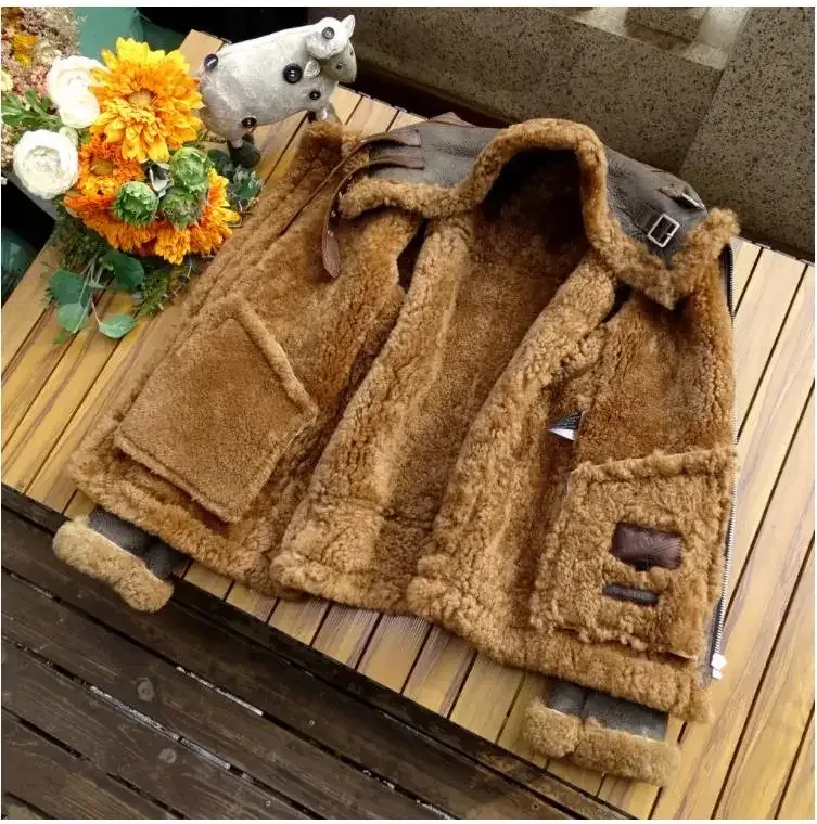 Men’s Thick Winter Warm Shearling Jacket Air Force B3 Style Genuine Leather & 100% Fur Wool Coat