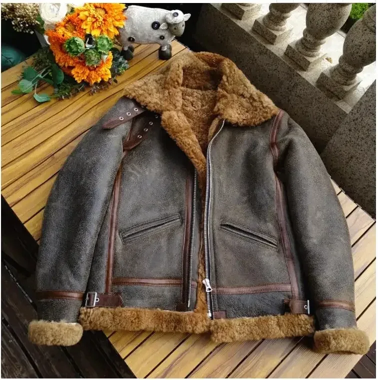 Men’s Thick Winter Warm Shearling Jacket Air Force B3 Style Genuine Leather & 100% Fur Wool Coat - Image 6