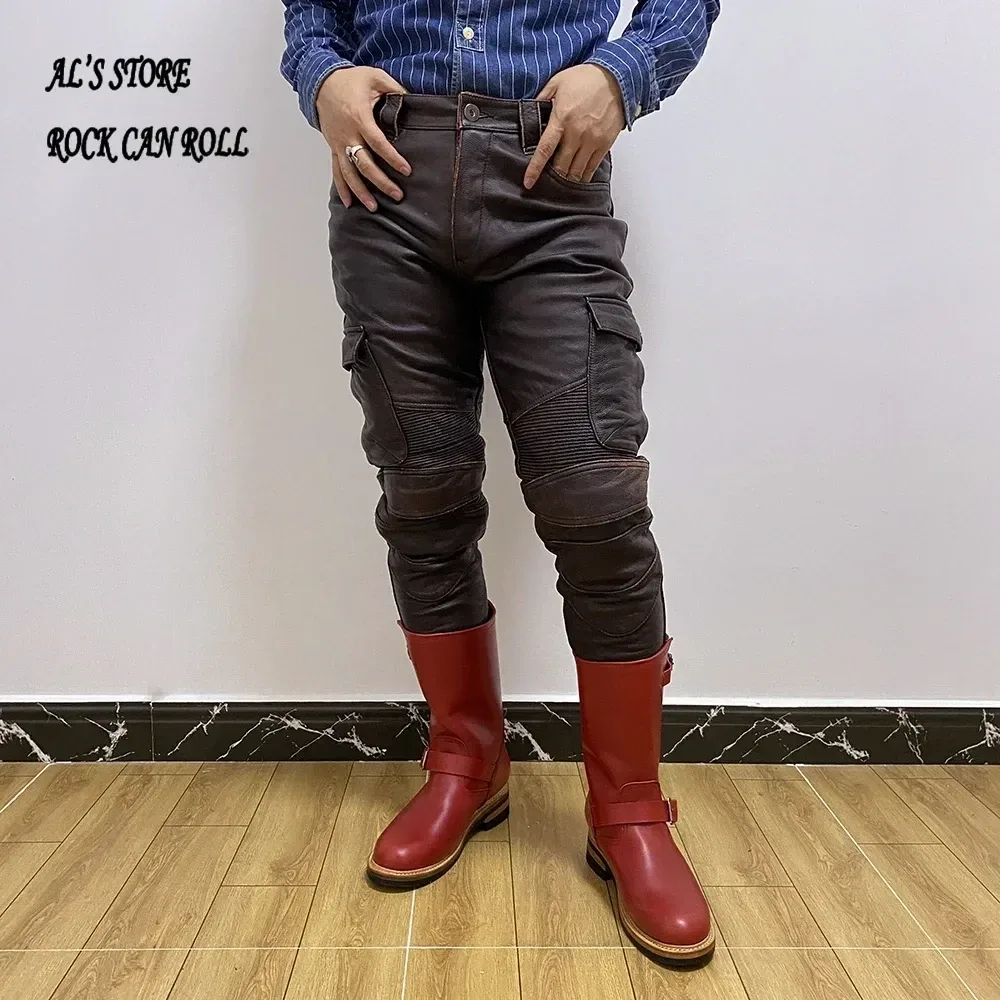 Vintage Motorcycle Biker Pants for Men β Genuine Cowhide Leather Riding Trousers, Thick Material - Image 3