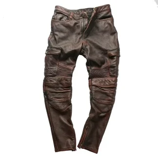 Vintage Motorcycle Biker Pants for Men – Genuine Cowhide Leather Riding Trousers, Thick Material