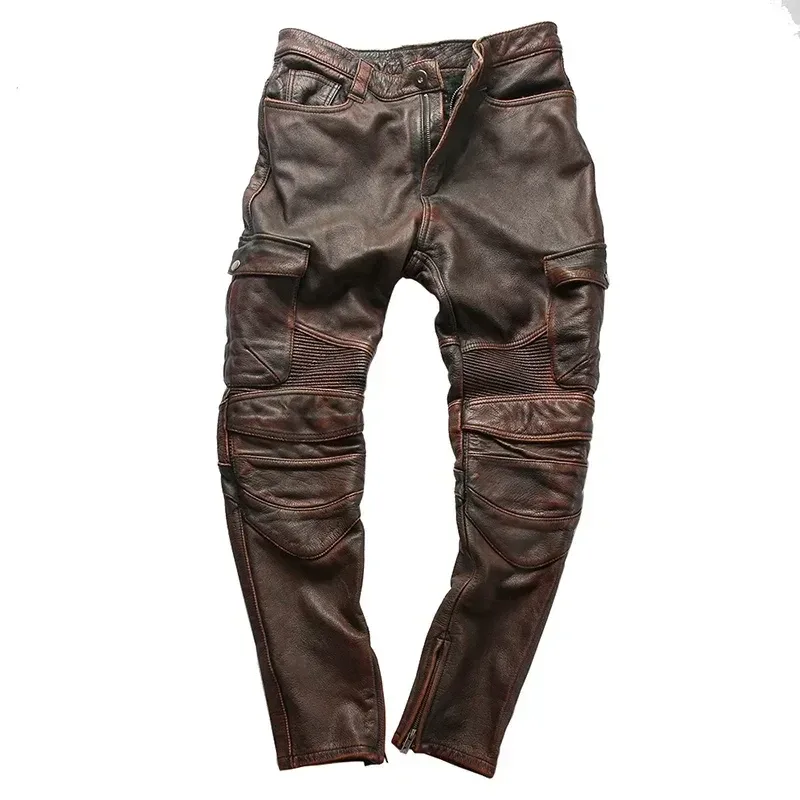 Vintage Motorcycle Biker Pants for Men β Genuine Cowhide Leather Riding Trousers, Thick Material