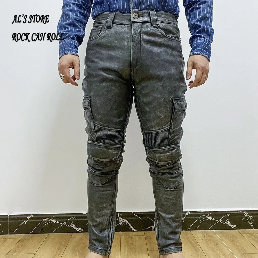 Vintage Motorcycle Biker Pants for Men β Genuine Cowhide Leather Riding Trousers, Thick Material - Image 4