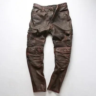 Vintage Motorcycle Biker Pants for Men β Genuine Cowhide Leather Riding Trousers, Thick Material - Image 5