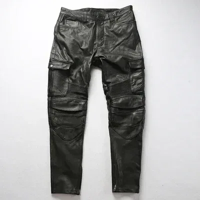 Vintage Motorcycle Biker Pants for Men β Genuine Cowhide Leather Riding Trousers, Thick Material - Image 6