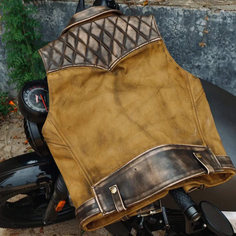 Vintage Oil Wax Canvas Splicing J24 Motorcycle Jacket — Cool Genuine Cowhide Leather Coat, High-Quality Biker Vest - Image 2