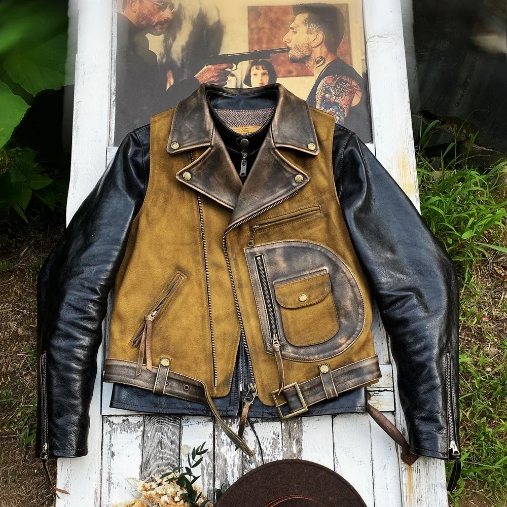 Vintage Oil Wax Canvas Splicing J24 Motorcycle Jacket — Cool Genuine Cowhide Leather Coat, High-Quality Biker Vest
