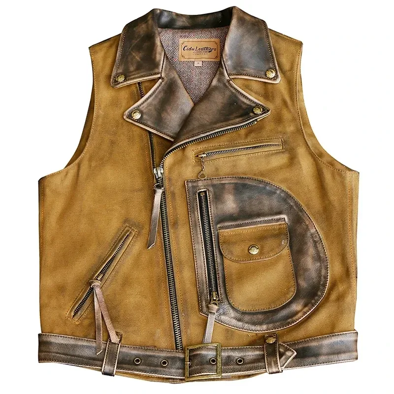 Vintage Oil Wax Canvas Splicing J24 Motorcycle Jacket — Cool Genuine Cowhide Leather Coat, High-Quality Biker Vest - Image 5