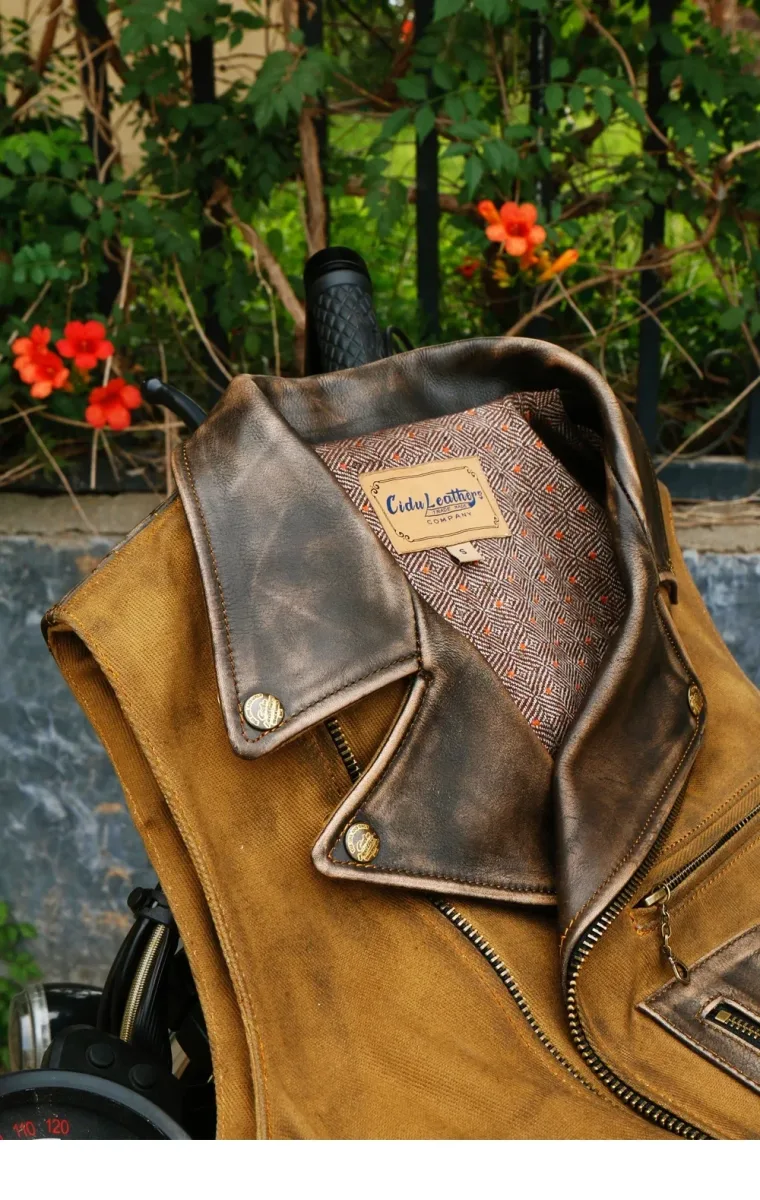 Vintage Oil Wax Canvas Splicing J24 Motorcycle Jacket — Cool Genuine Cowhide Leather Coat, High-Quality Biker Vest - Image 3