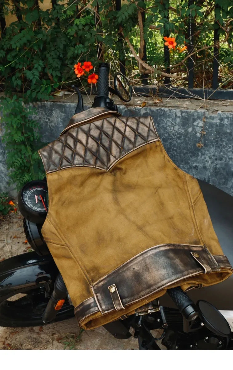 Vintage Oil Wax Canvas Splicing J24 Motorcycle Jacket — Cool Genuine Cowhide Leather Coat, High-Quality Biker Vest - Image 4