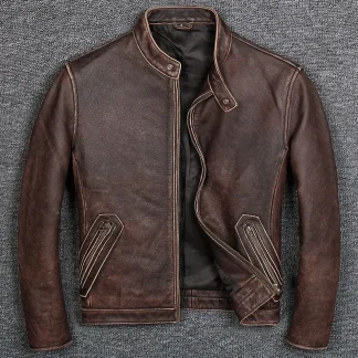 Men’s Real Leather Motorcycle Jacket — Vintage Genuine Sheepskin & Cowhide Coat, Plus Size 1805 Model