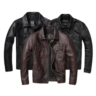 Men’s Vintage Brown & Red Genuine Cowhide Leather Jacket – 100% Real Leather Autumn Coat, Classic Rider Style