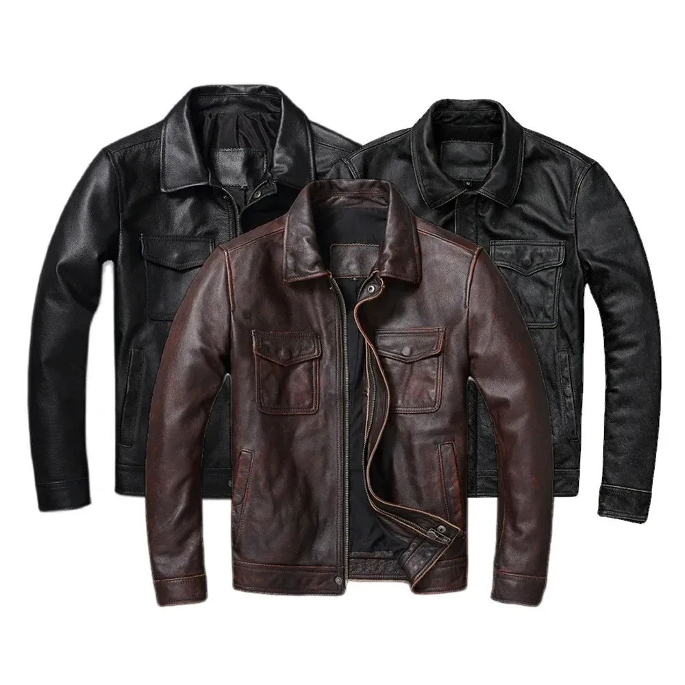 Men’s Vintage Brown & Red Genuine Cowhide Leather Jacket – 100% Real Leather Autumn Coat, Classic Rider Style
