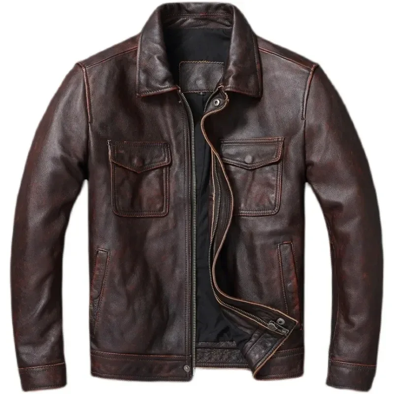 Men’s Vintage Brown & Red Genuine Cowhide Leather Jacket – 100% Real Leather Autumn Coat, Classic Rider Style - Image 4