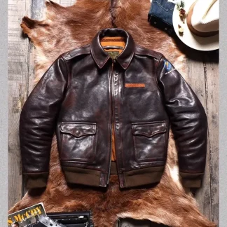 Men’s Heavy Luxury A2 Bomber Jacket – 1.6mm Thick Tanned Cowhide Leather, Vintage Brown Real Leather Air Force Coat