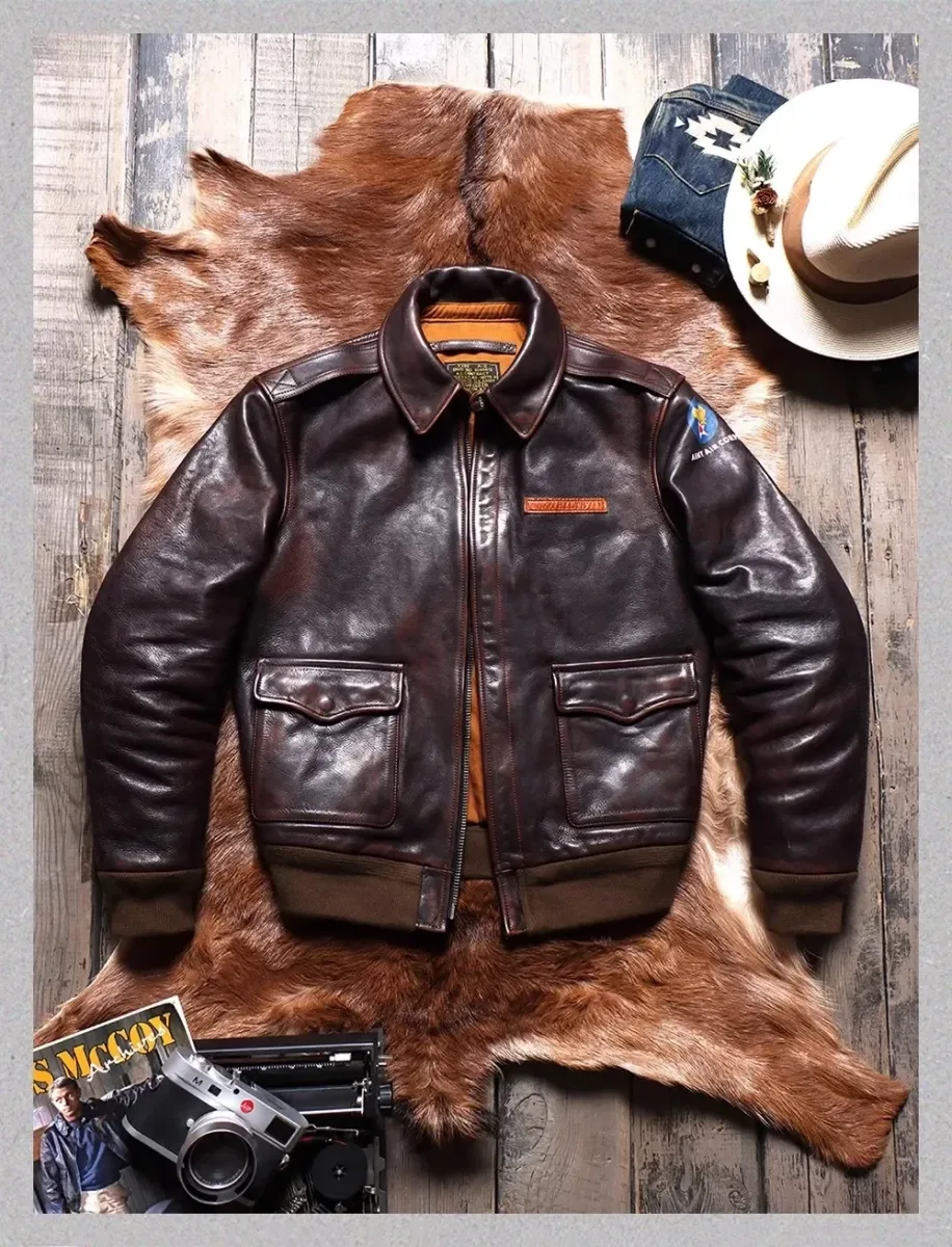 Men’s Heavy Luxury A2 Bomber Jacket – 1.6mm Thick Tanned Cowhide Leather, Vintage Brown Real Leather Air Force Coat