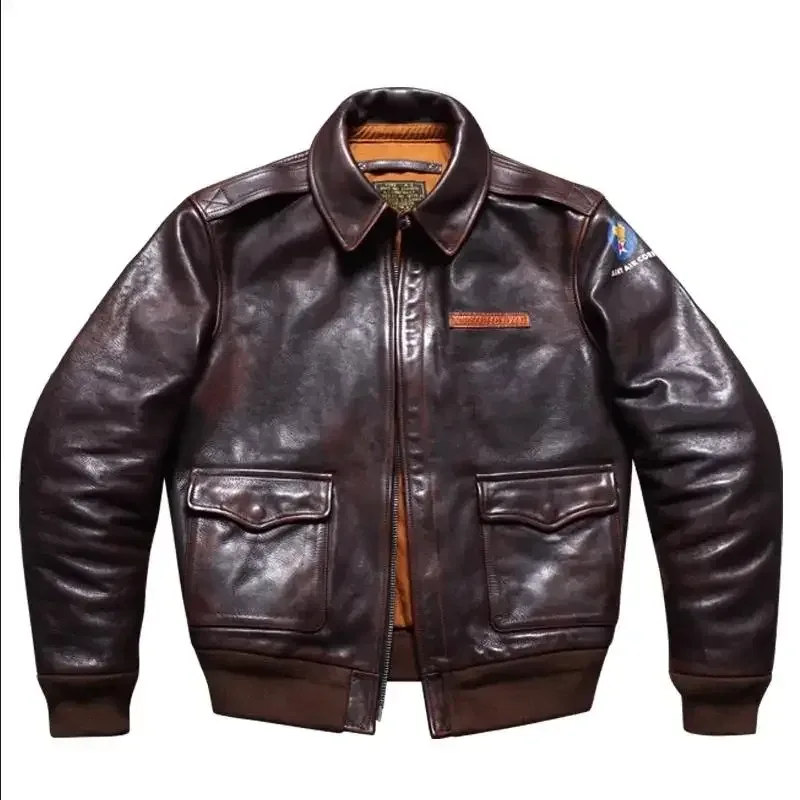 Men’s Heavy Luxury A2 Bomber Jacket – 1.6mm Thick Tanned Cowhide Leather, Vintage Brown Real Leather Air Force Coat - Image 6